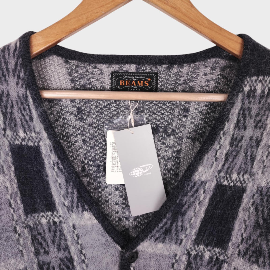 BEAMS PLUS Men's Mohair Blend Shaggy Grunge Geometric Jacquard Cardigan