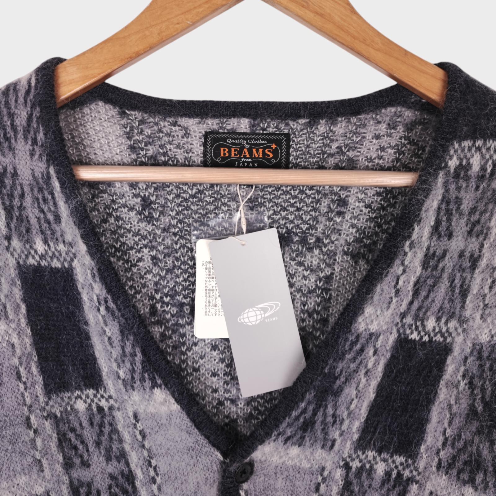 BEAMS PLUS Men's Mohair Blend Shaggy Grunge Geometric Jacquard Cardigan