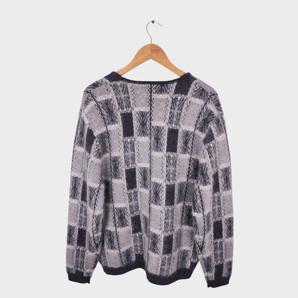 BEAMS PLUS Men's Mohair Blend Shaggy Grunge Geometric Jacquard Cardigan