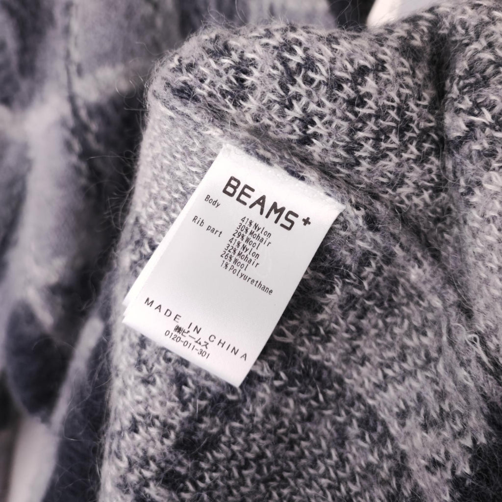 BEAMS PLUS Men's Mohair Blend Shaggy Grunge Geometric Jacquard Cardigan