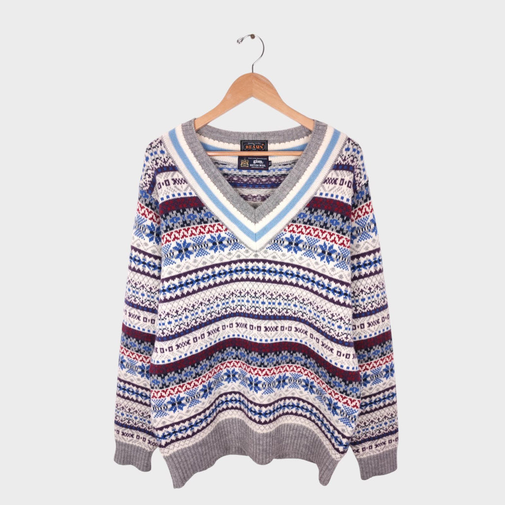 BEAMS PLUS x GIM Men's Made in Japan 100% Wool Fairisle V-Neck Cricket Jumper