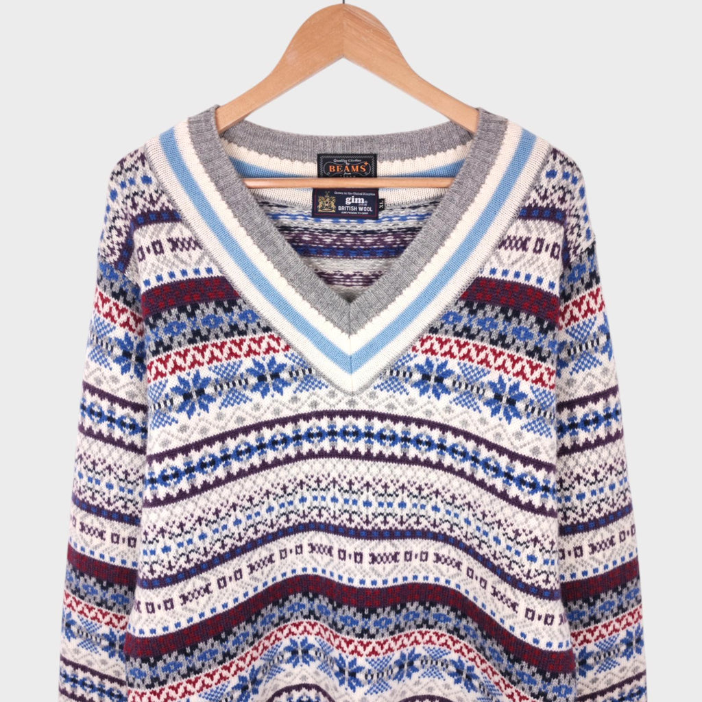 BEAMS PLUS x GIM Men's Made in Japan 100% Wool Fairisle V-Neck Cricket Jumper