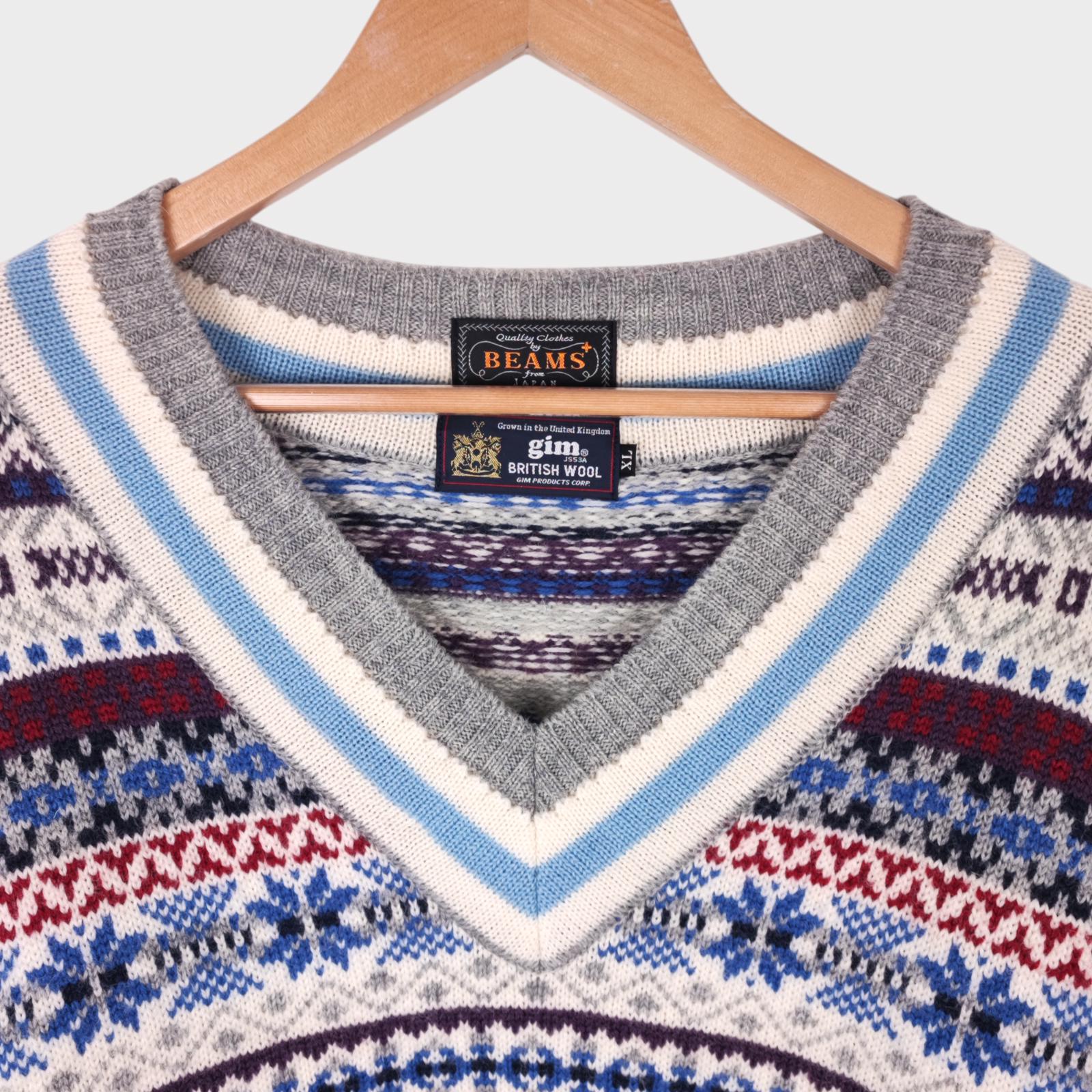 BEAMS PLUS x GIM Men's Made in Japan 100% Wool Fairisle V-Neck Cricket Jumper
