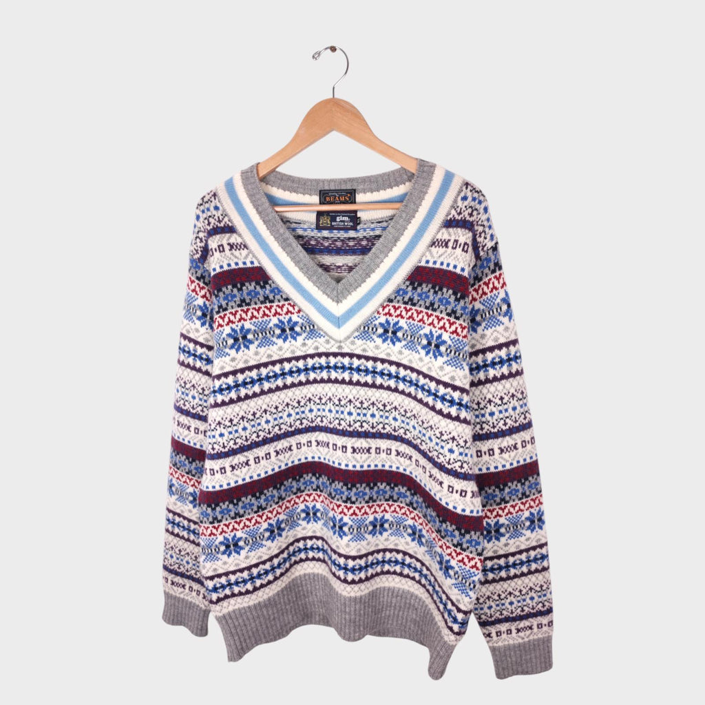 BEAMS PLUS x GIM Men's Made in Japan 100% Wool Fairisle V-Neck Cricket Jumper
