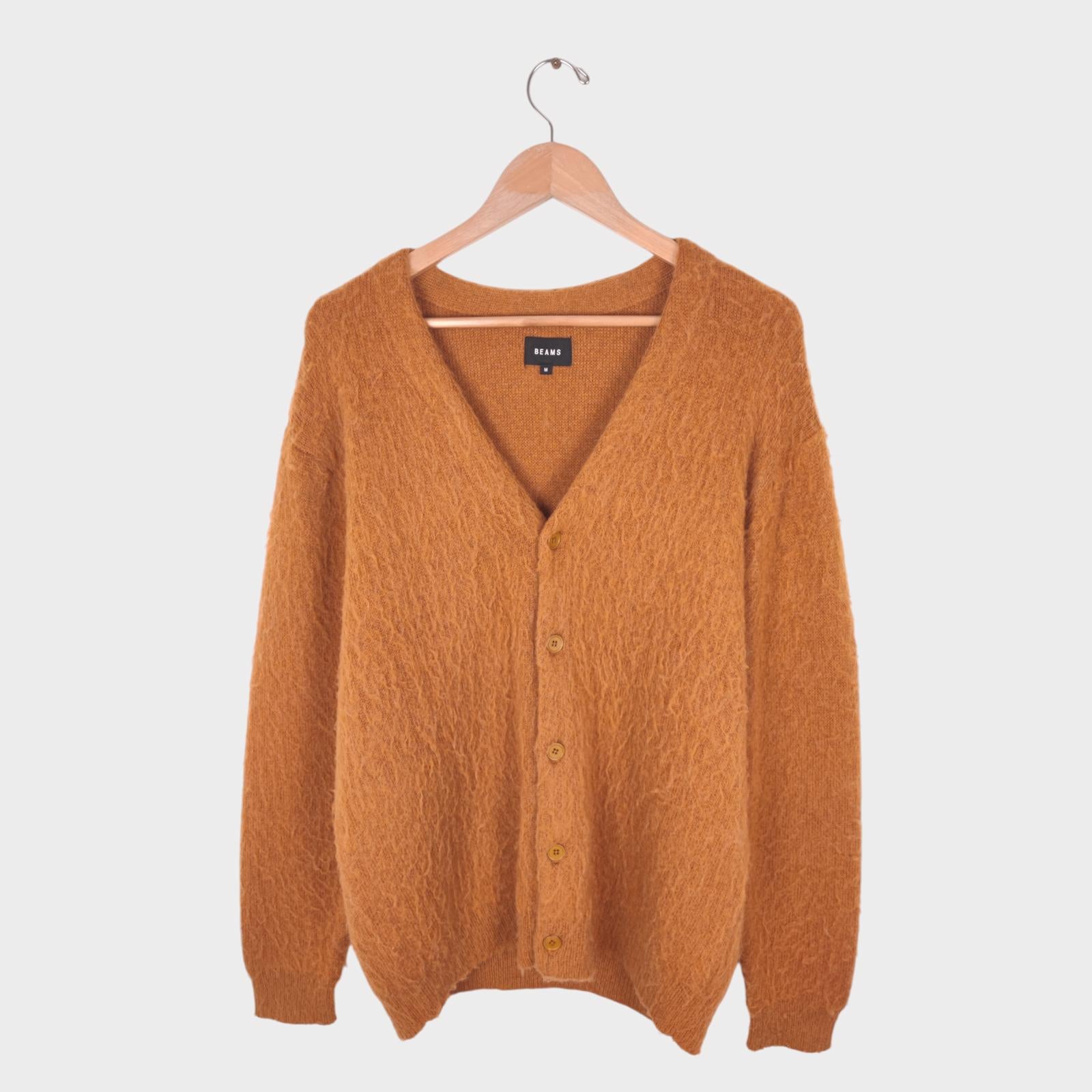 BEAMS Men's Tan/Camel Mohair Blend Shaggy Grunge Cardigan
