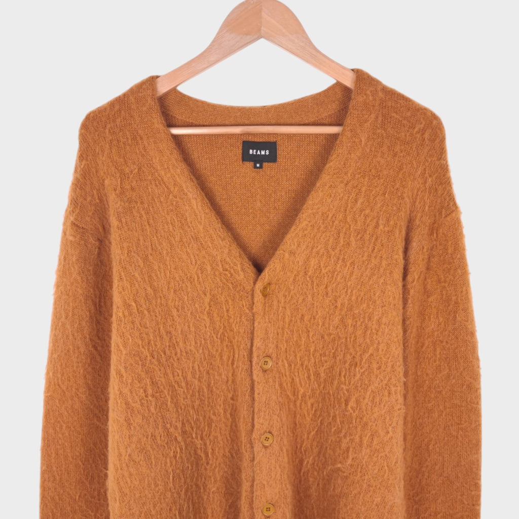 BEAMS Men's Tan/Camel Mohair Blend Shaggy Grunge Cardigan