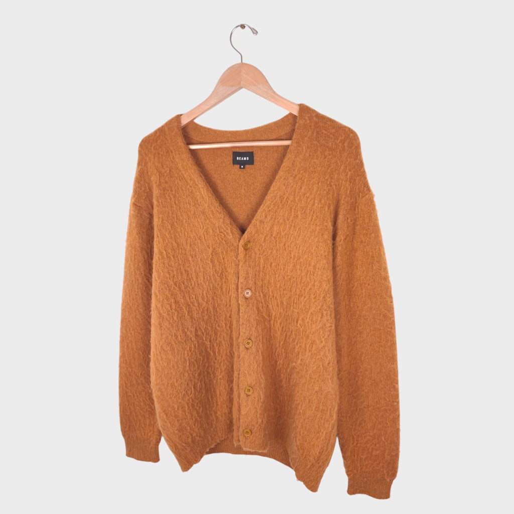 BEAMS Men's Tan/Camel Mohair Blend Shaggy Grunge Cardigan