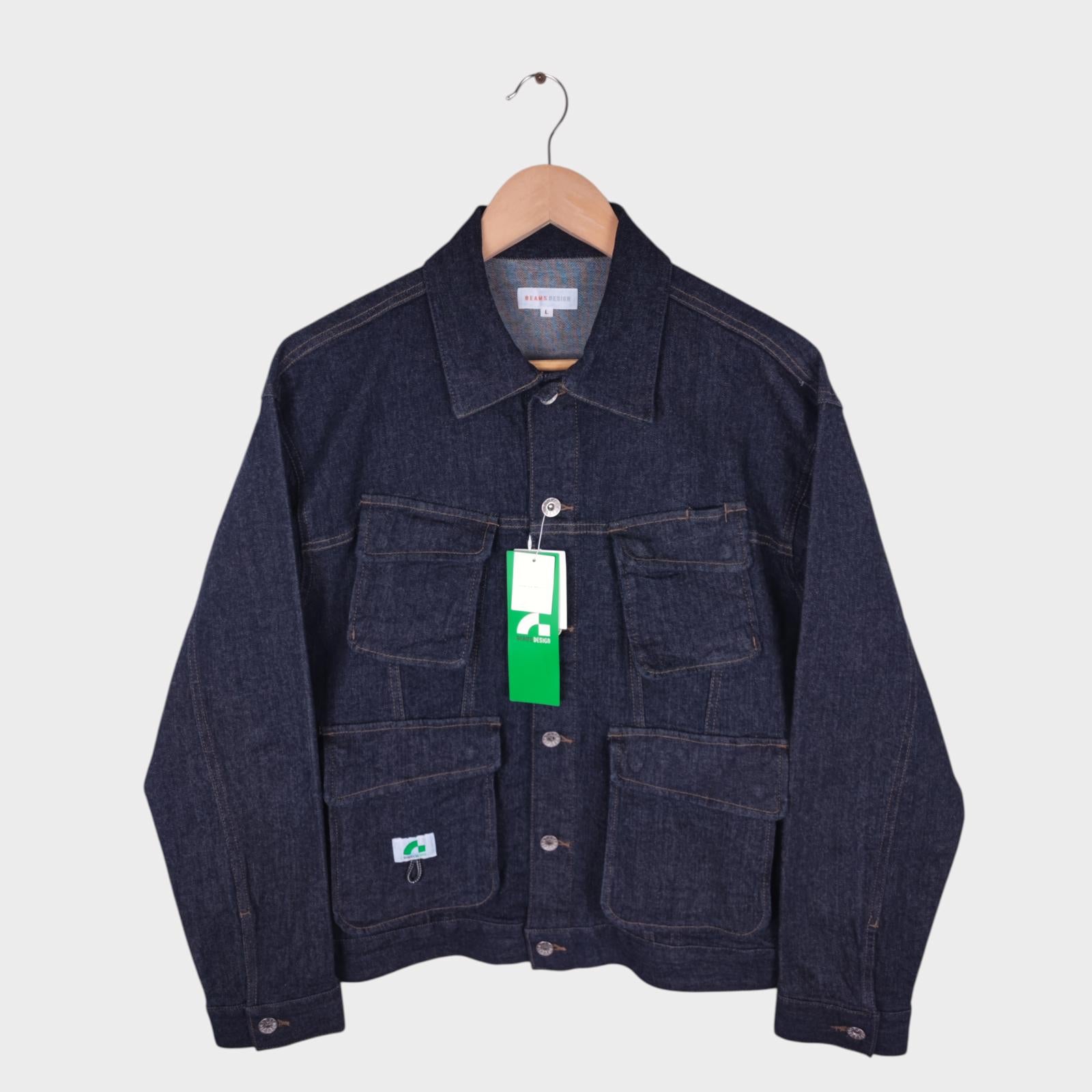 BEAMS Men's Dark Blue Cropped Denim Utility Chore Jacket