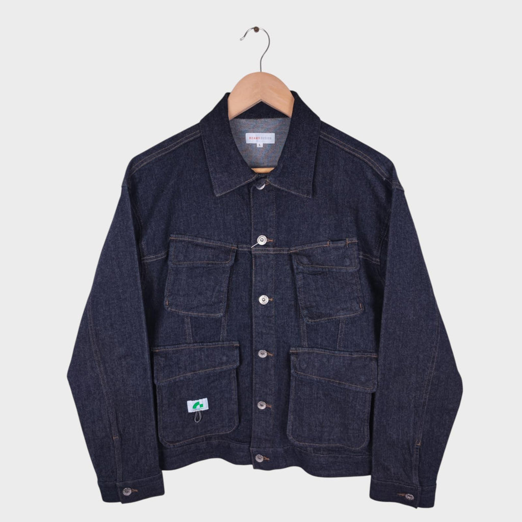 BEAMS Men's Dark Blue Cropped Denim Utility Chore Jacket