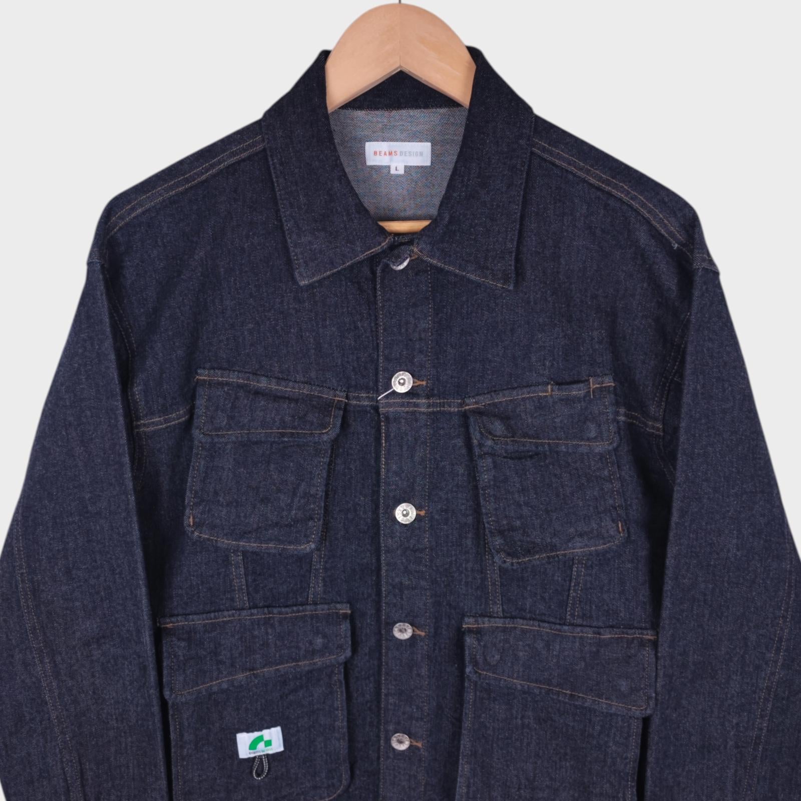 BEAMS Men's Dark Blue Cropped Denim Utility Chore Jacket