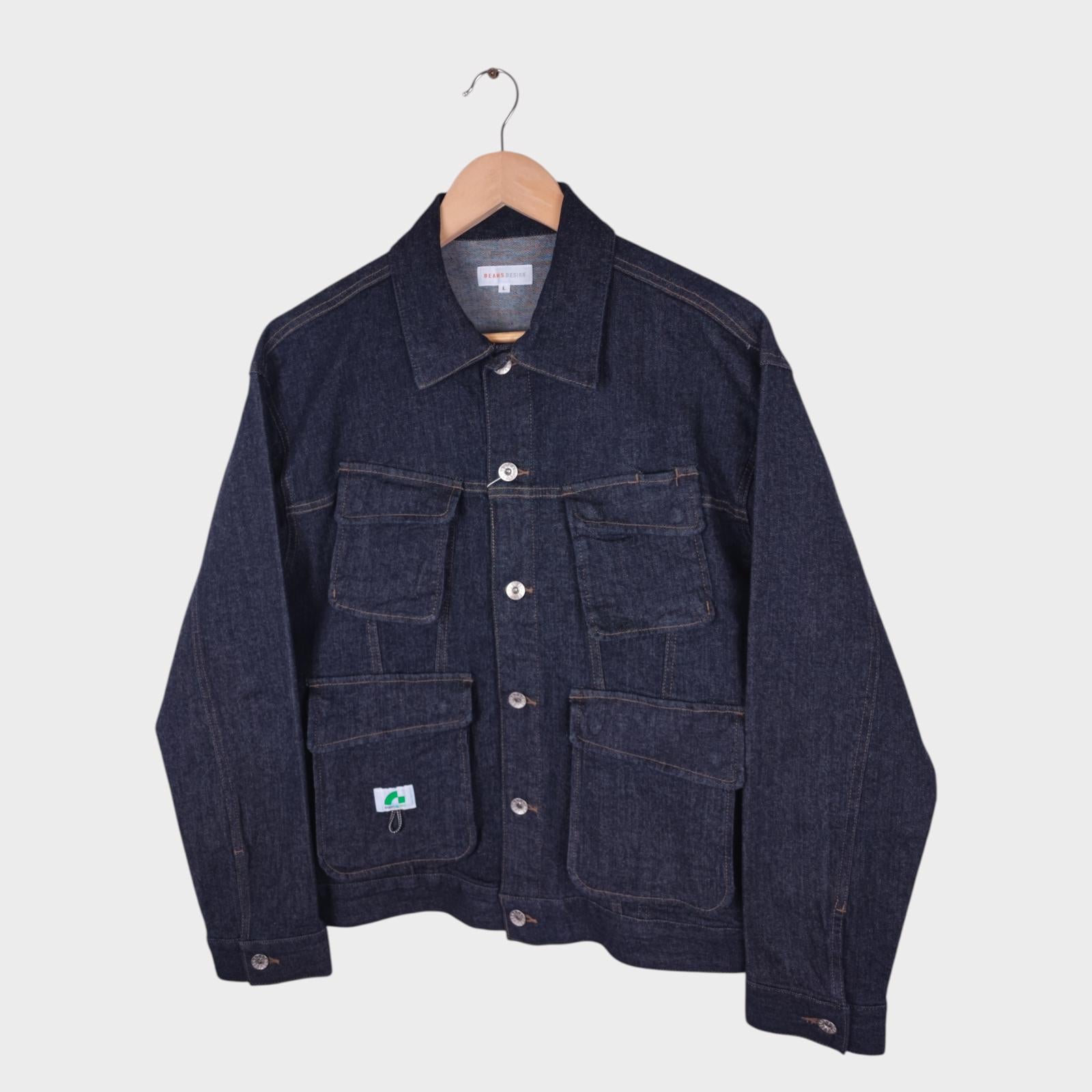BEAMS Men's Dark Blue Cropped Denim Utility Chore Jacket
