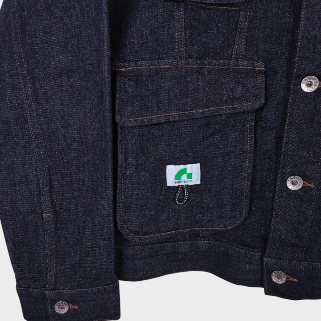 BEAMS Men's Dark Blue Cropped Denim Utility Chore Jacket