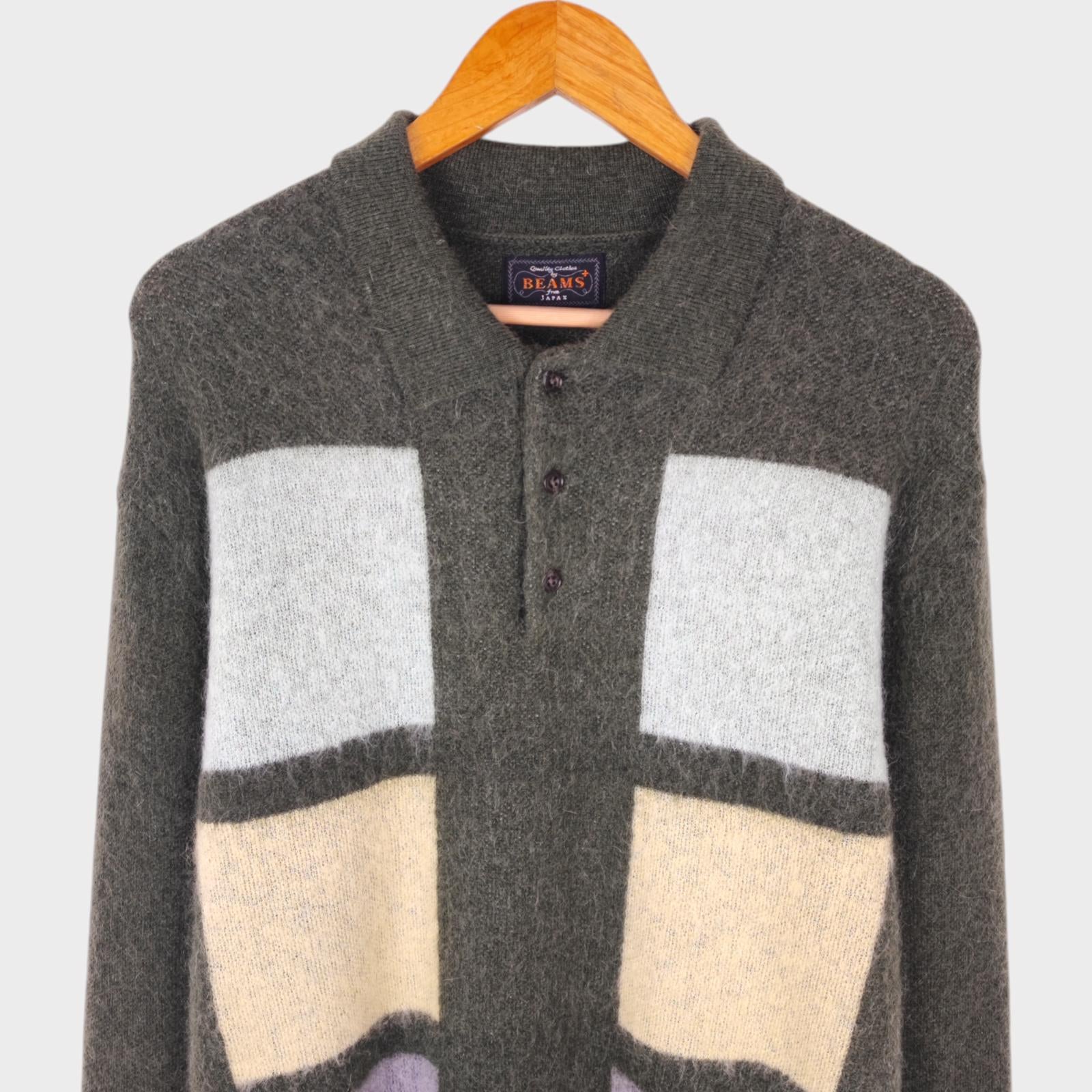 BEAMS PLUS Men's 9 Gauge Shaggy Mohair Blend Polo Shirt Jumper