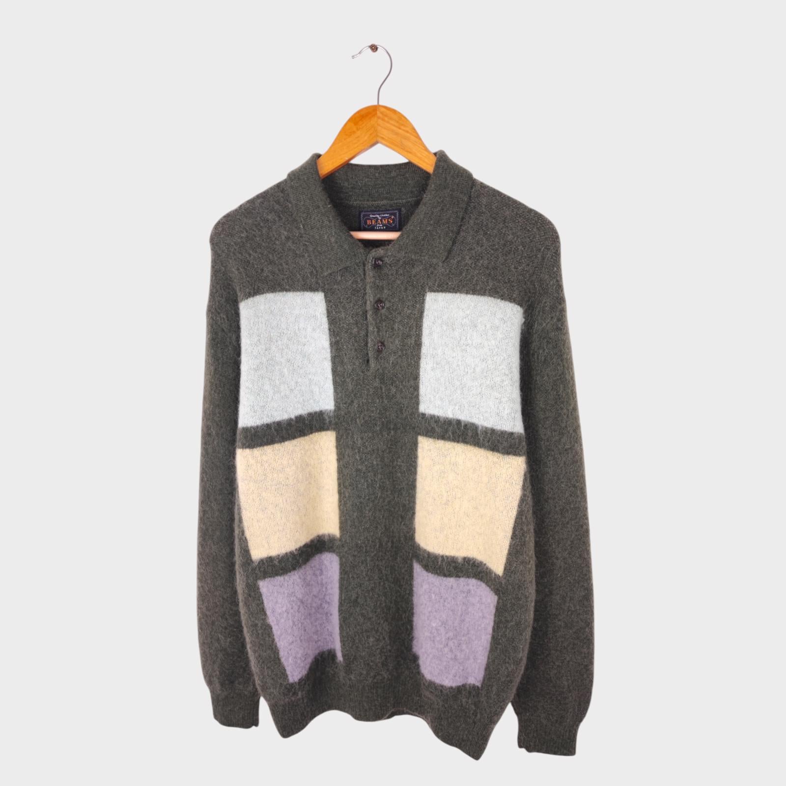 BEAMS PLUS Men's 9 Gauge Shaggy Mohair Blend Polo Shirt Jumper