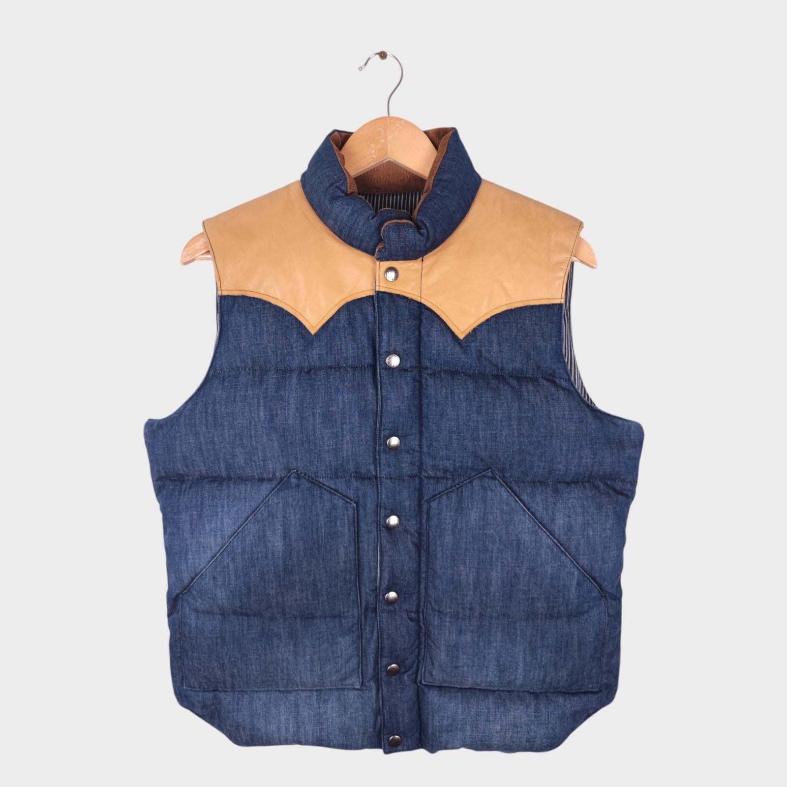 SUGAR CANE Men's Blue Denim Leather Yoke Down Vest Gilet