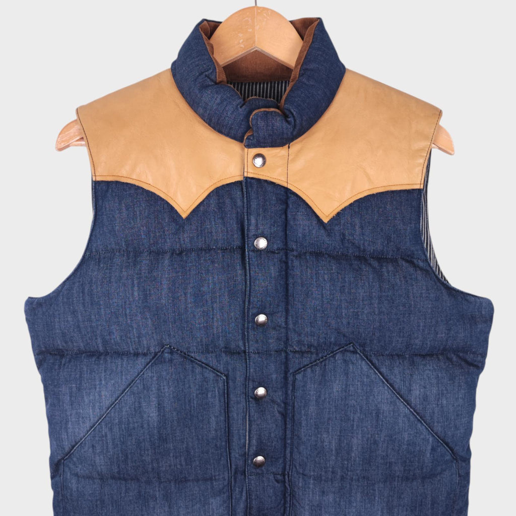 SUGAR CANE Men's Blue Denim Leather Yoke Down Vest Gilet