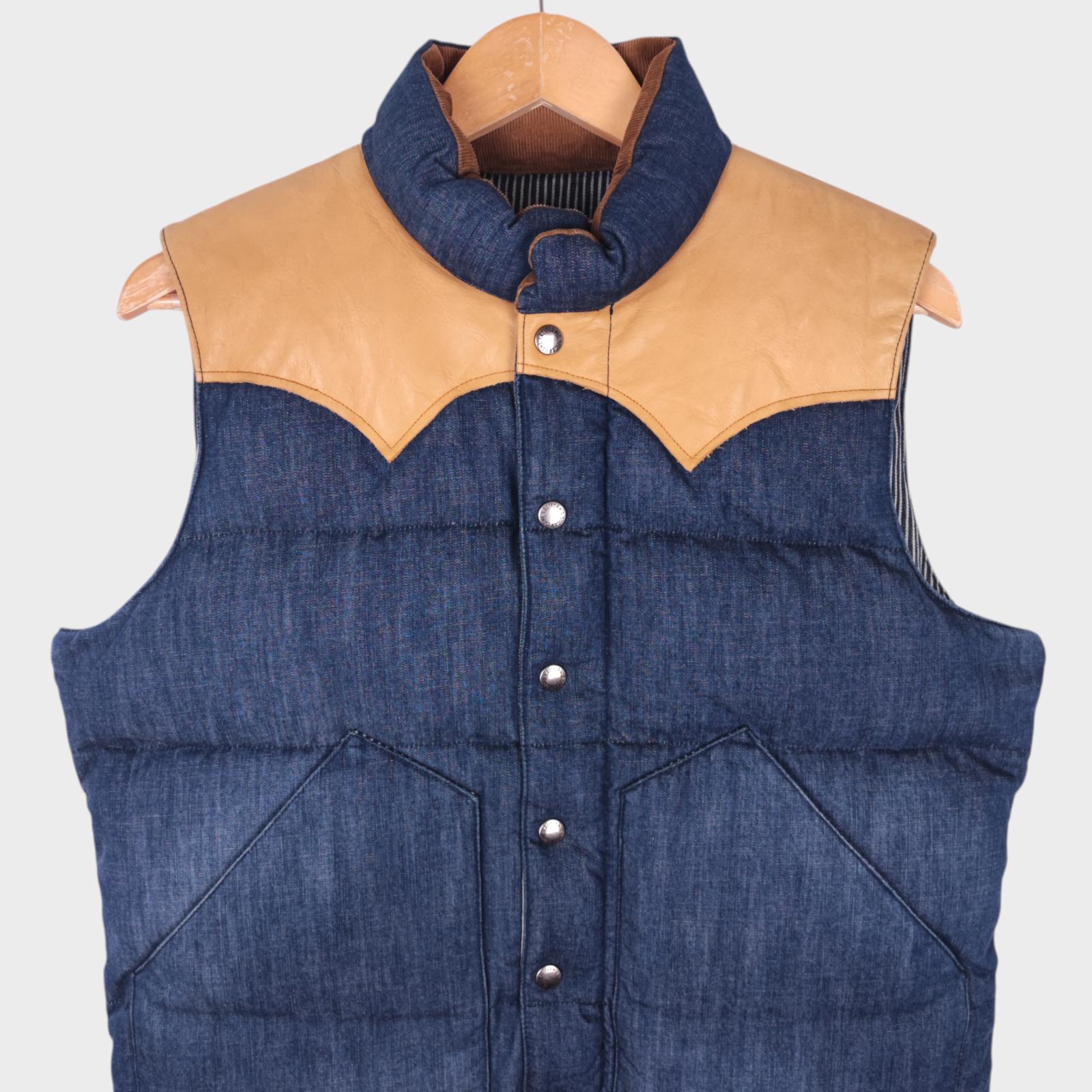 SUGAR CANE Men's Blue Denim Leather Yoke Down Vest Gilet