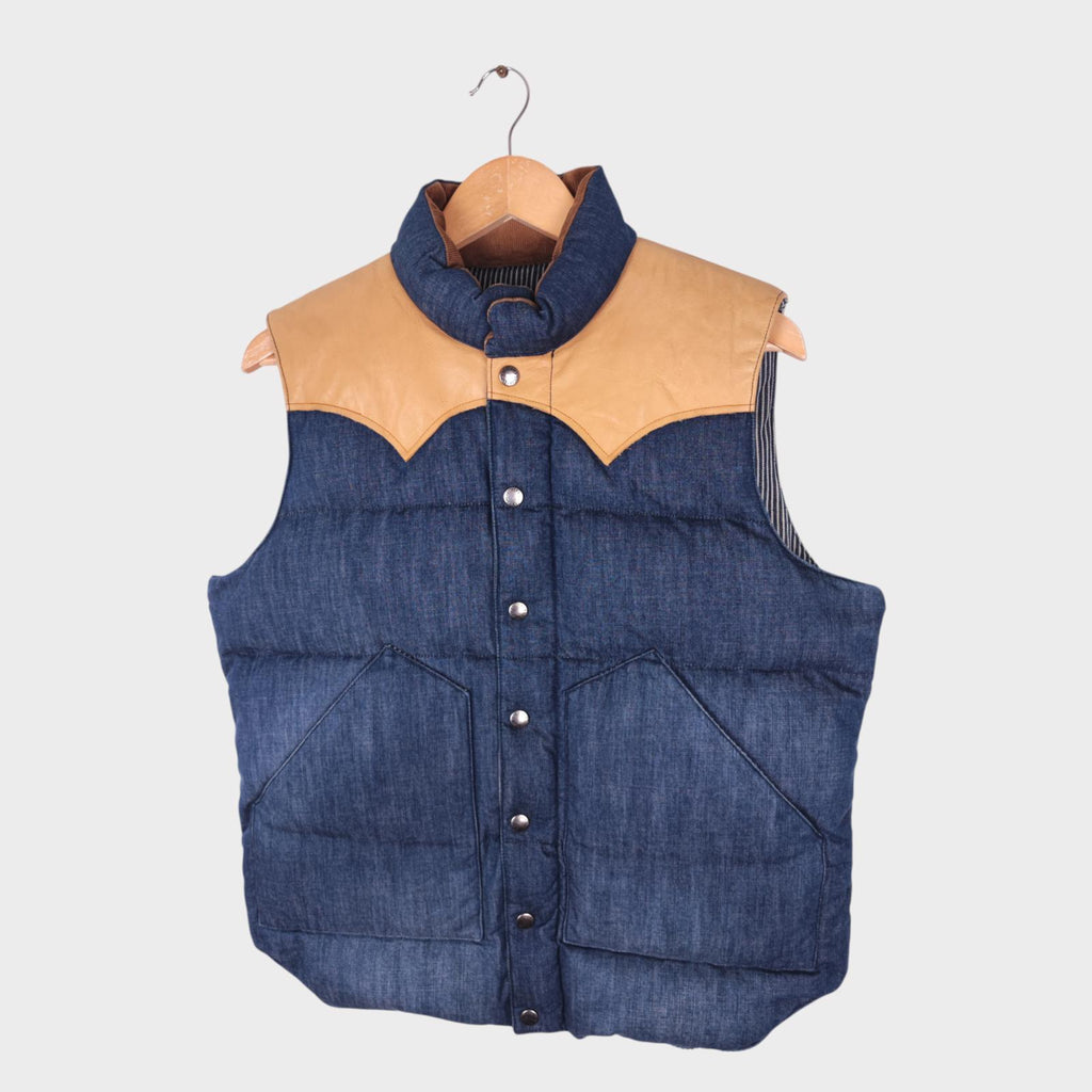 SUGAR CANE Men's Blue Denim Leather Yoke Down Vest Gilet