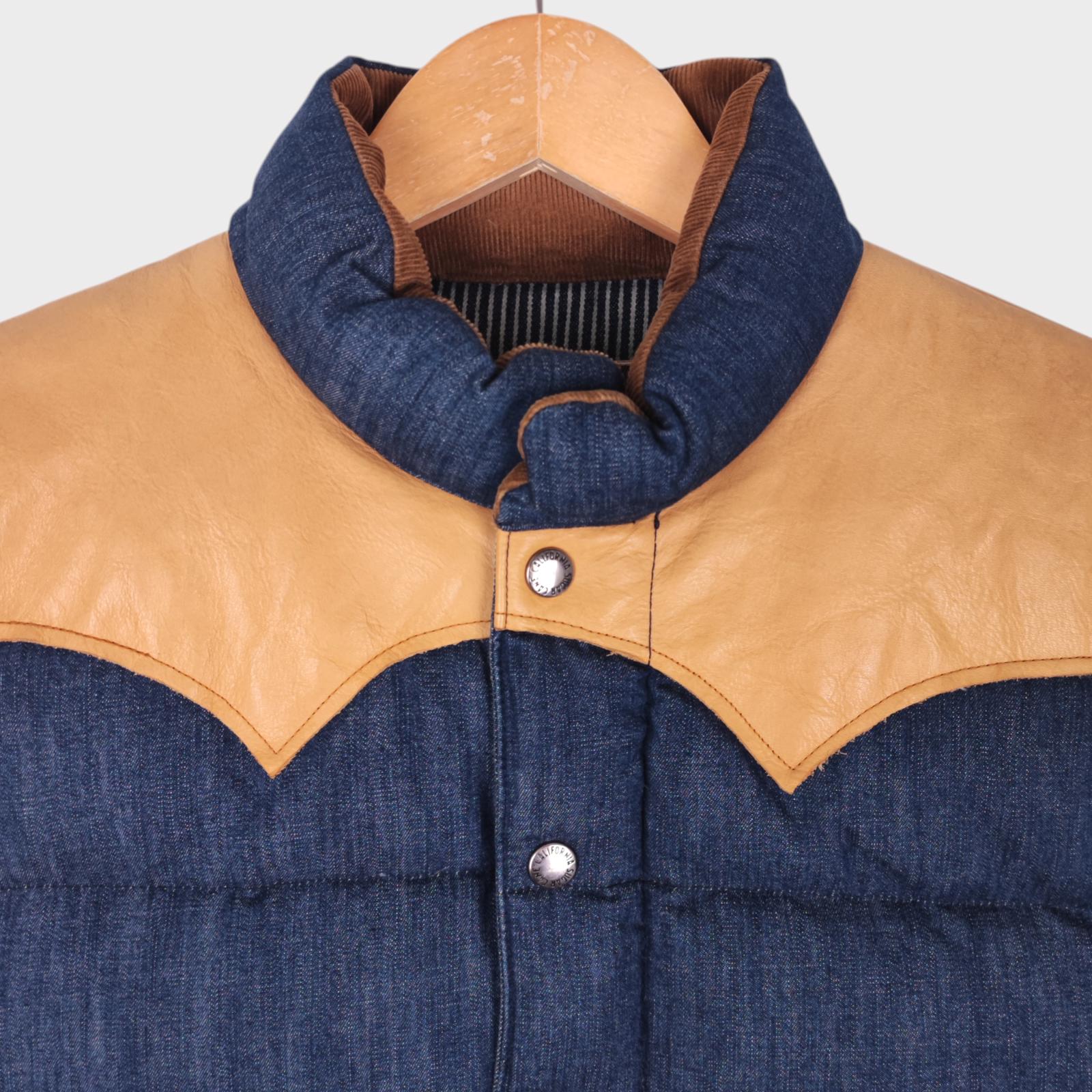 SUGAR CANE Men's Blue Denim Leather Yoke Down Vest Gilet