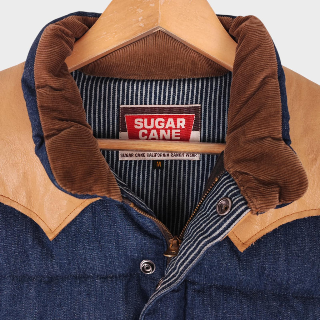SUGAR CANE Men's Blue Denim Leather Yoke Down Vest Gilet