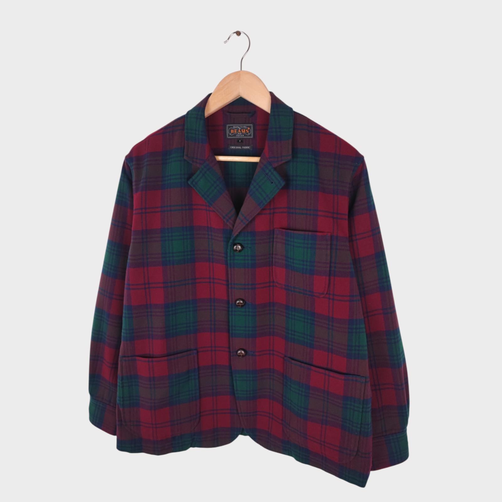 BEAMS PLUS Men's Red/Green Check Flannel Chore Jacket