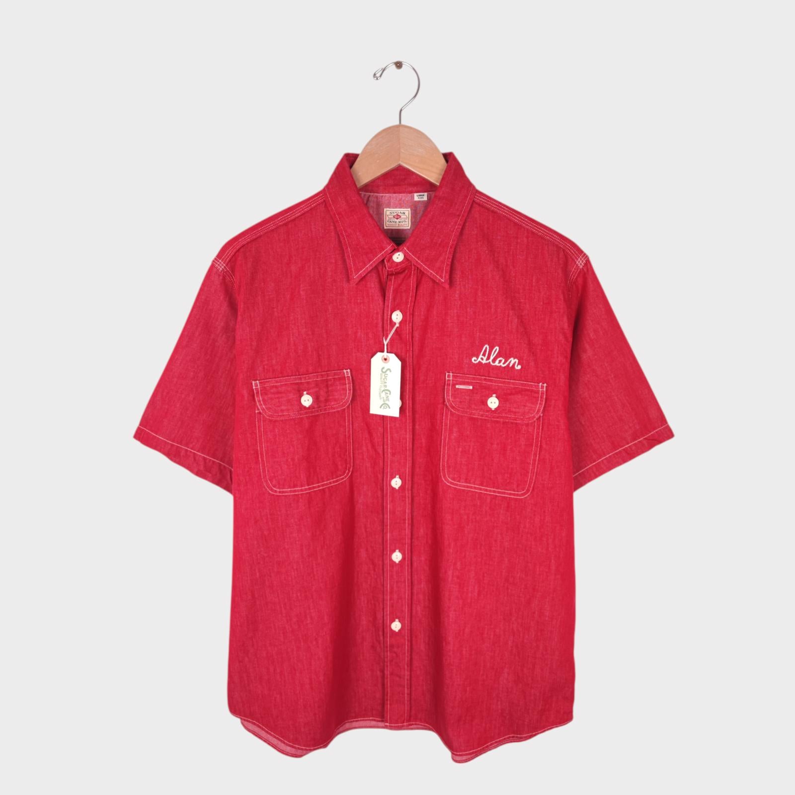 SUGAR CANE Men's Made in Japan Red Chain Stitched Embroidered Short Sleeved Shirt