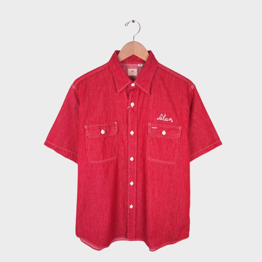 SUGAR CANE Men's Made in Japan Red Chain Stitched Embroidered Short Sleeved Shirt