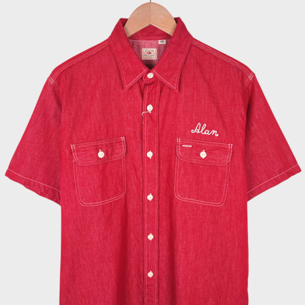 SUGAR CANE Men's Made in Japan Red Chain Stitched Embroidered Short Sleeved Shirt