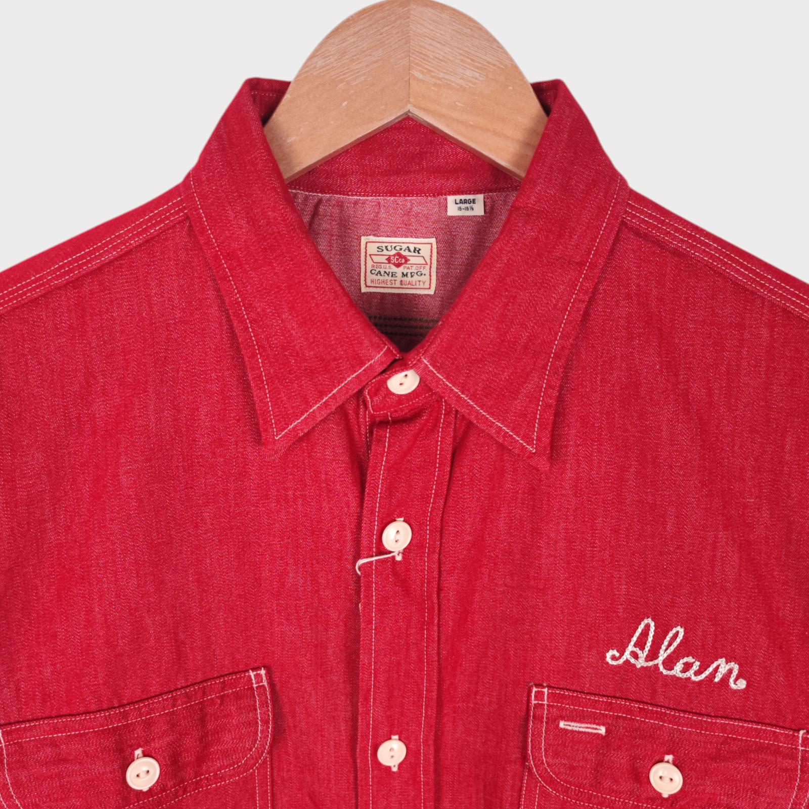 SUGAR CANE Men's Made in Japan Red Chain Stitched Embroidered Short Sleeved Shirt