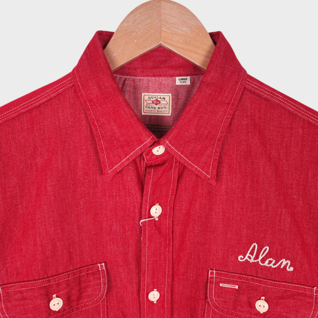 SUGAR CANE Men's Made in Japan Red Chain Stitched Embroidered Shirt