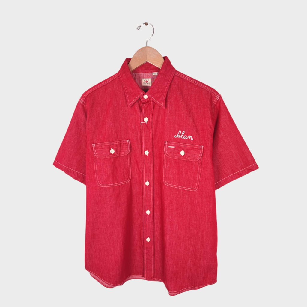 SUGAR CANE Men's Made in Japan Red Chain Stitched Embroidered Short Sleeved Shirt
