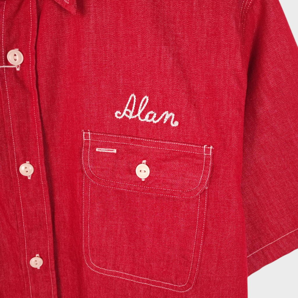 SUGAR CANE Men's Made in Japan Red Chain Stitched Embroidered Short Sleeved Shirt