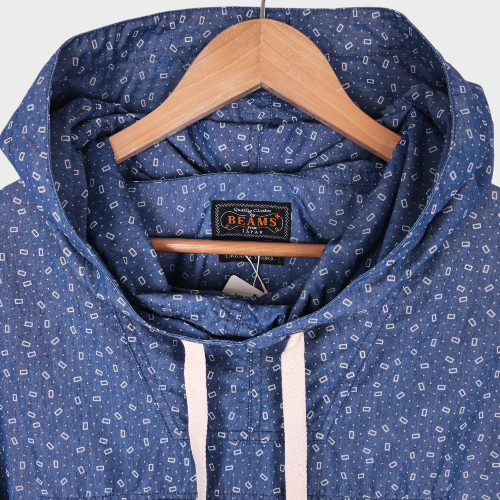BEAMS PLUS Men's MIL NYCO Indigo Chambray Discharge Print Smock Parka Jacket