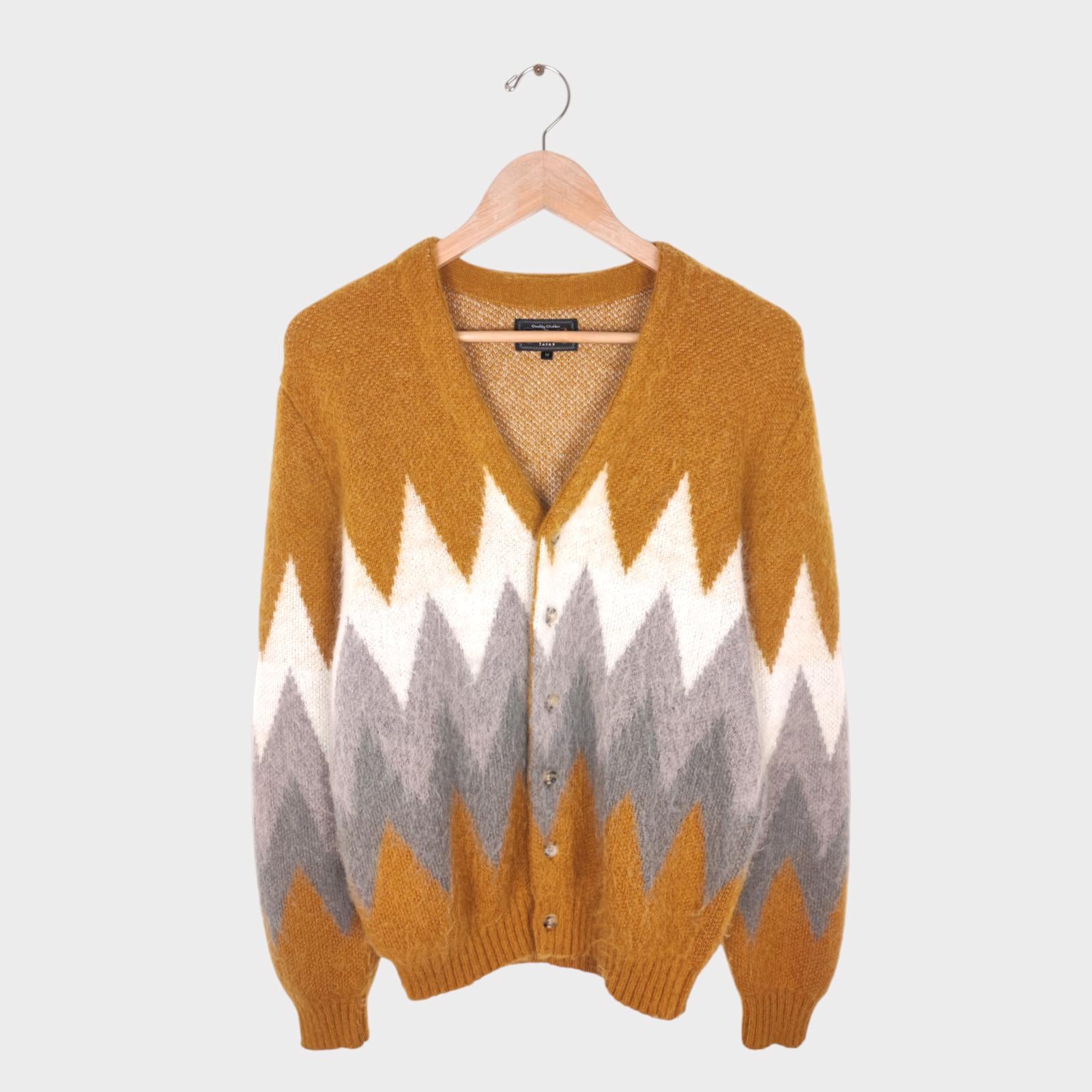 BEAMS PLUS Men's Mohair Blend Shaggy Grunge Argyle Cardigan