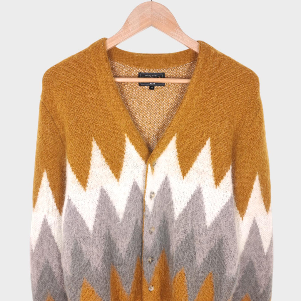 BEAMS PLUS Men's Mohair Blend Shaggy Grunge Argyle Cardigan