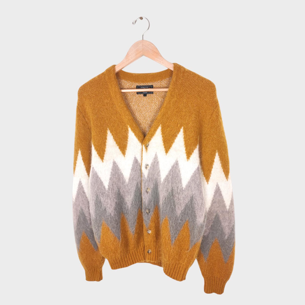 BEAMS PLUS Men's Mohair Blend Shaggy Grunge Argyle Cardigan
