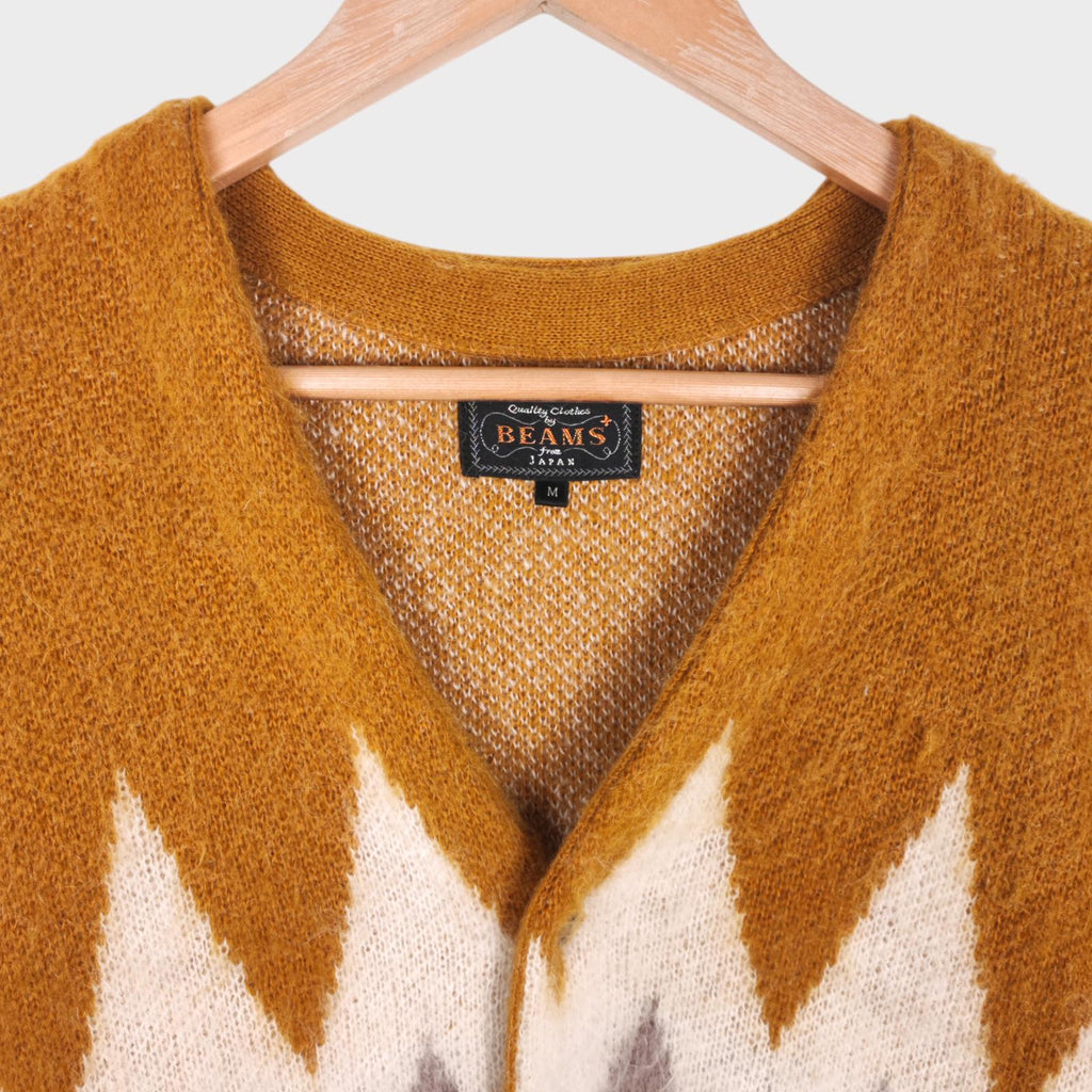 BEAMS PLUS Men's Mohair Blend Shaggy Grunge Argyle Cardigan