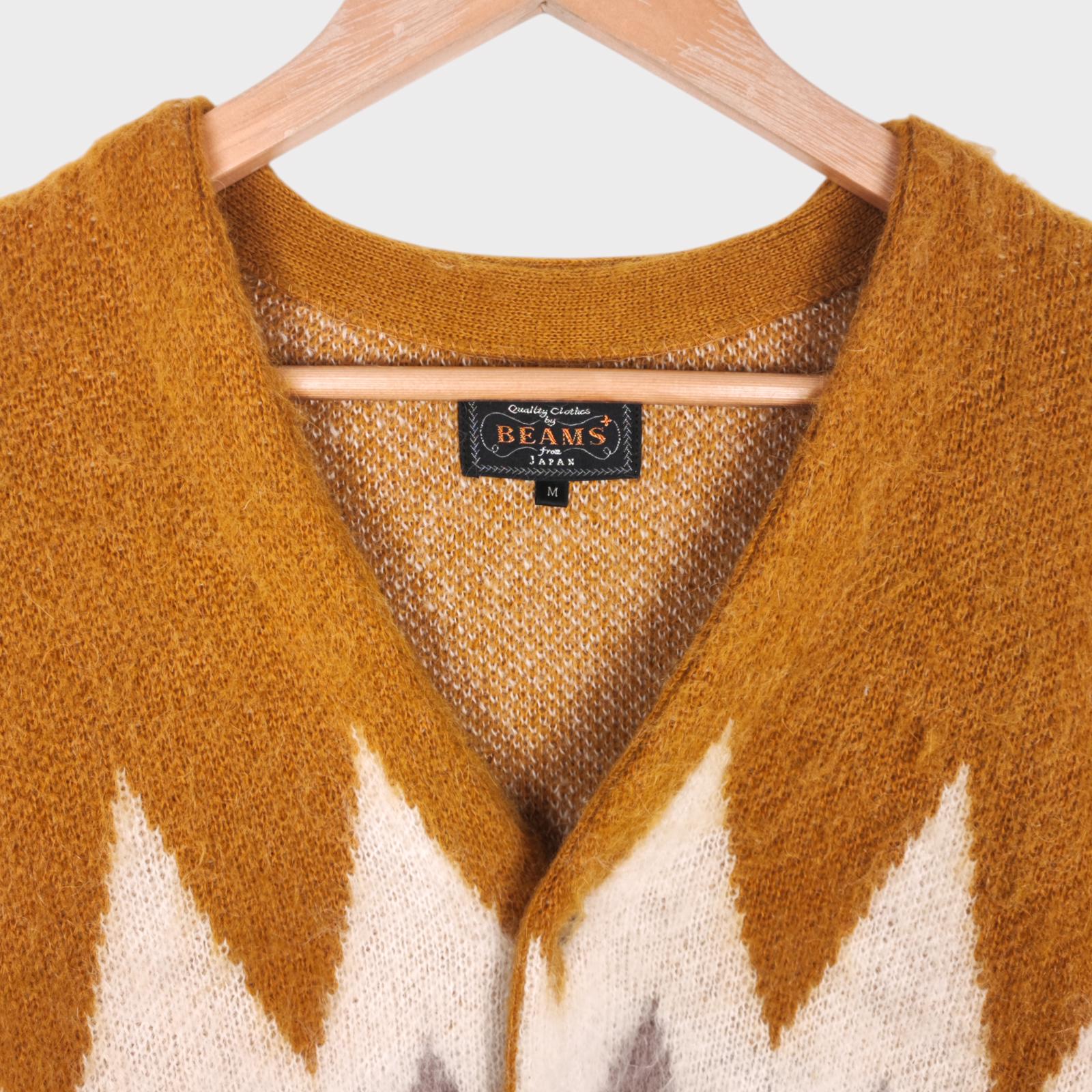 BEAMS PLUS Men's Mohair Blend Shaggy Grunge Argyle Cardigan