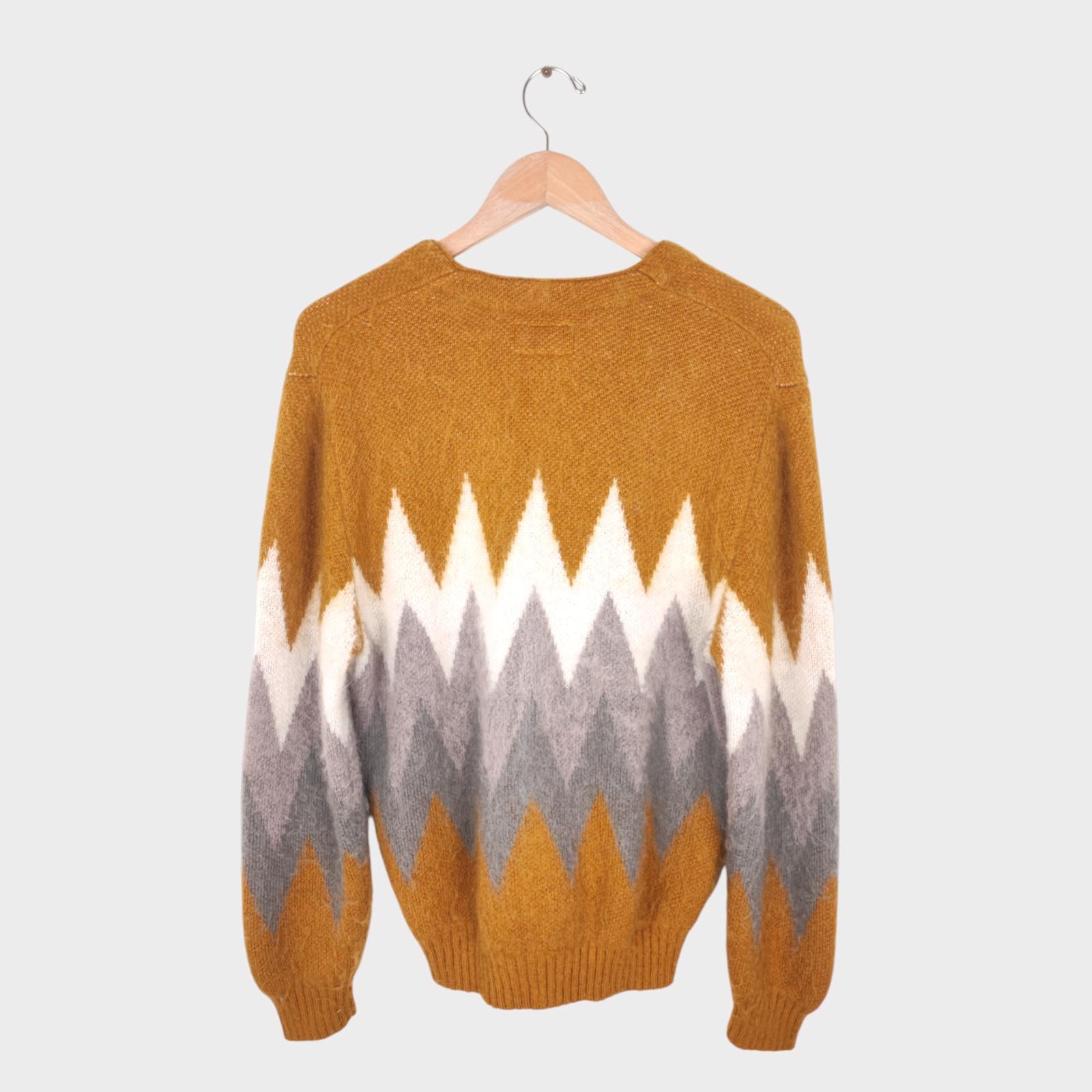 BEAMS PLUS Men's Mohair Blend Shaggy Grunge Argyle Cardigan