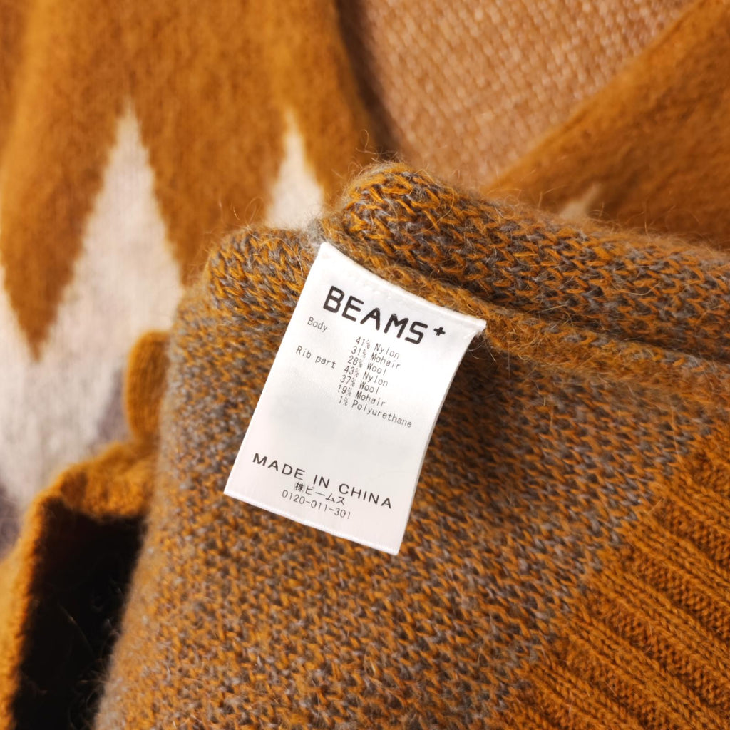 BEAMS PLUS Men's Mohair Blend Shaggy Grunge Argyle Cardigan