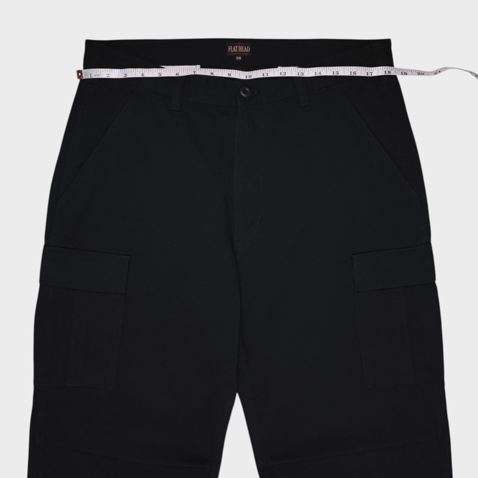 THE FLAT HEAD Men's Made in Japan Black Heavyweight Cotton Cargo Trousers