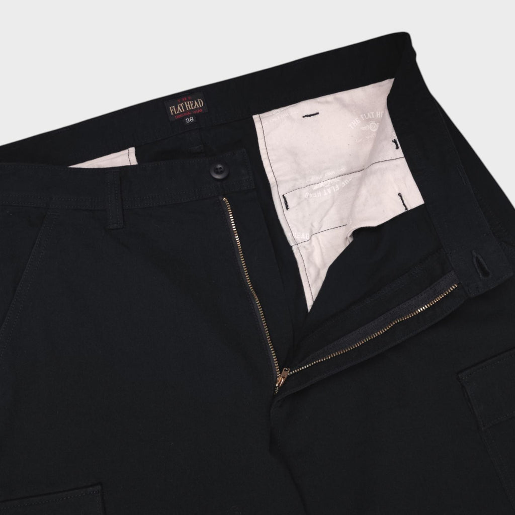 THE FLAT HEAD Men's Made in Japan Black Heavyweight Cotton Cargo Trousers