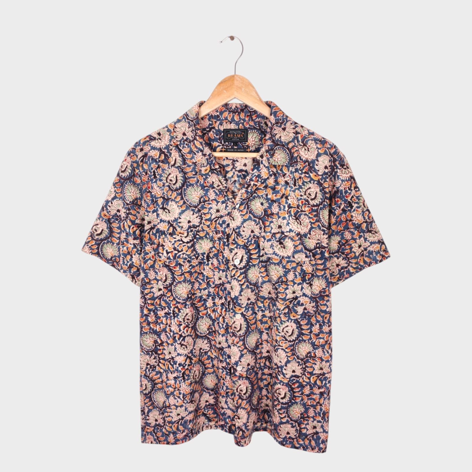 BEAMS PLUS Men's Made in Japan Floral Print Camp Collar Vacation Shirt