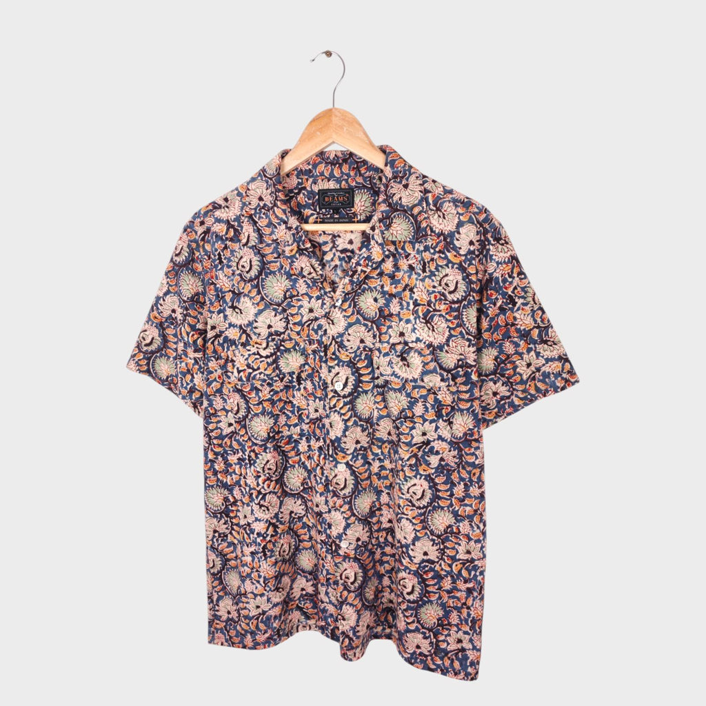 BEAMS PLUS Men's Made in Japan Floral Print Camp Collar Vacation Shirt