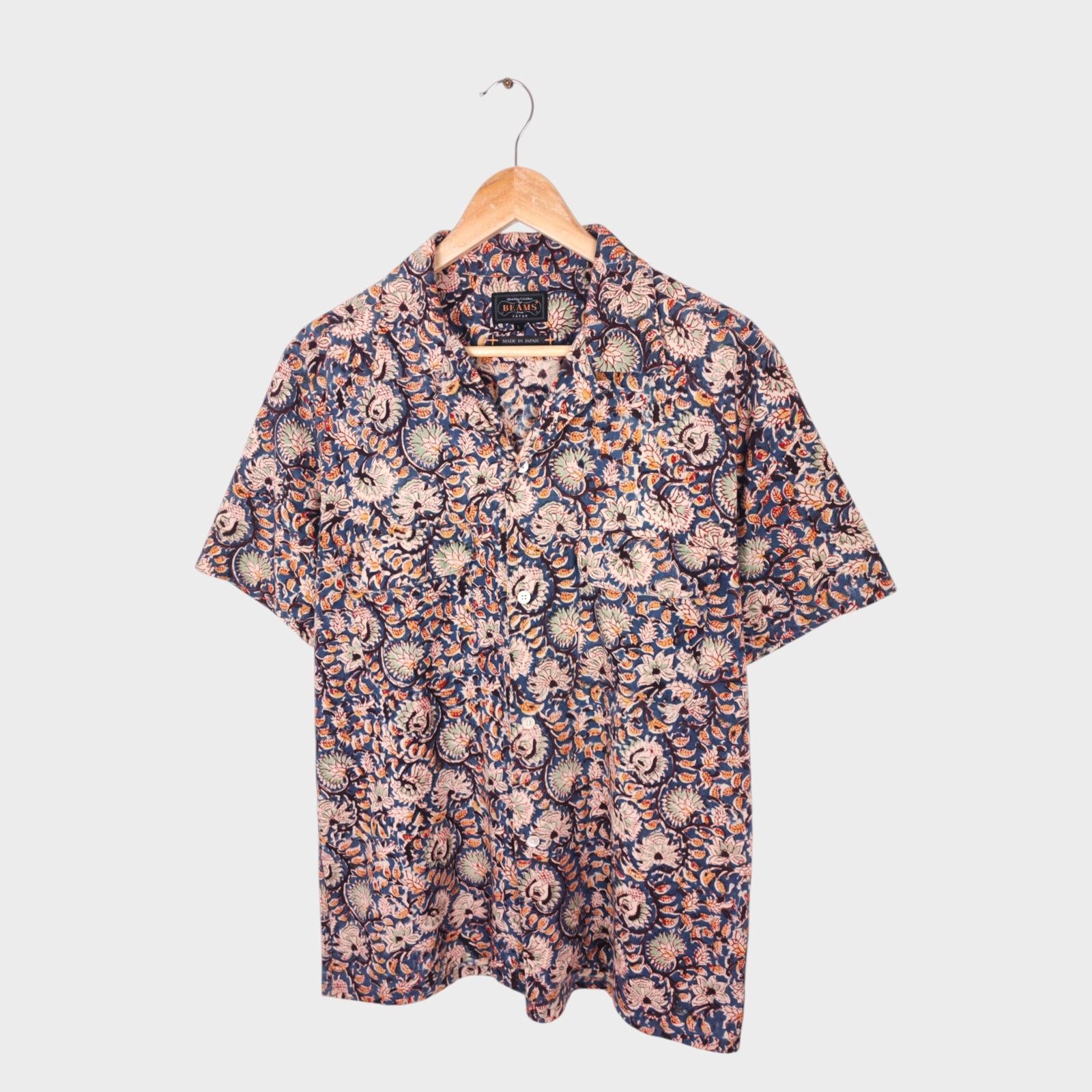 BEAMS PLUS Men's Made in Japan Floral Print Camp Collar Vacation Shirt