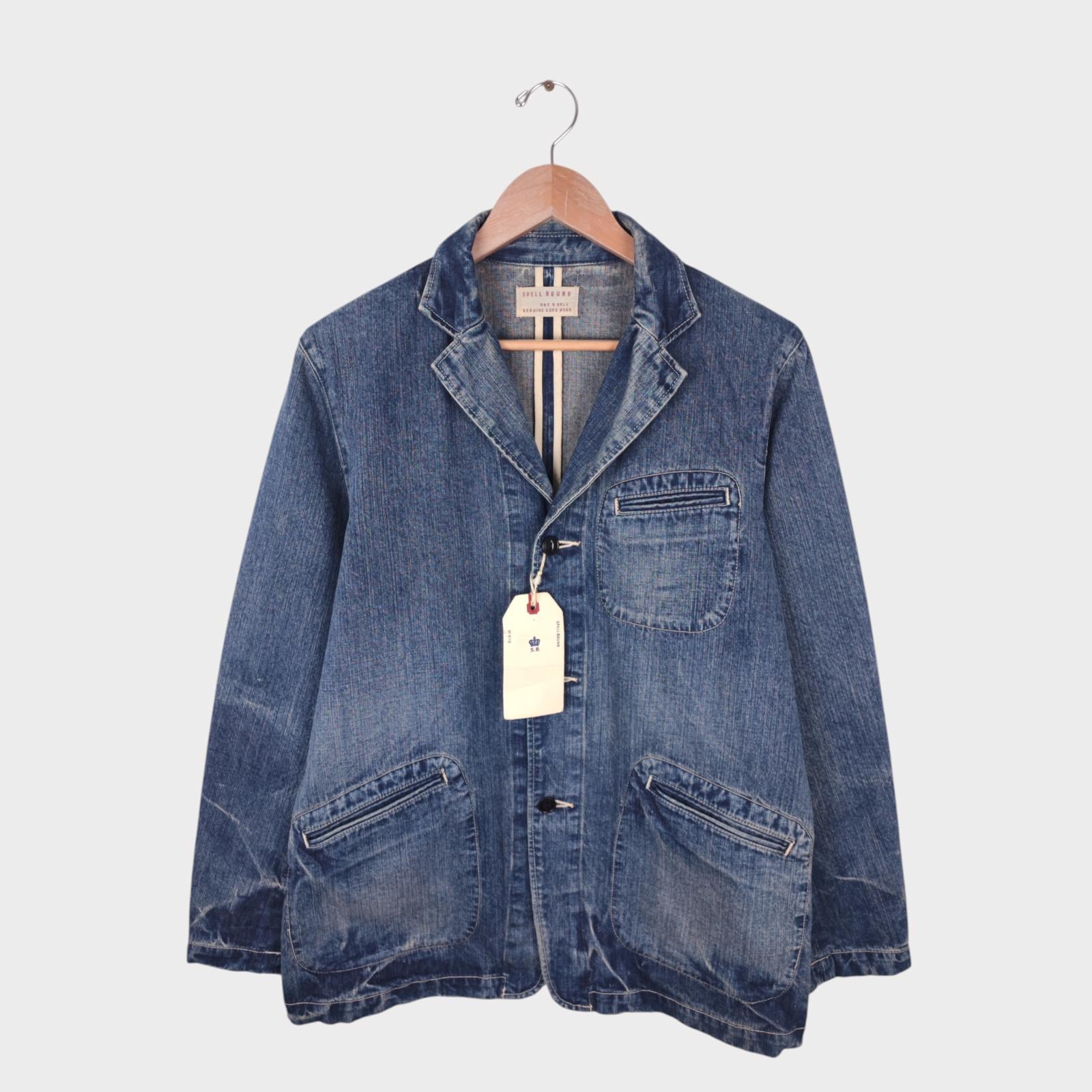 SPELLBOUND Men's Made in Japan Blue Distressed Denim Utility Chore Jacket