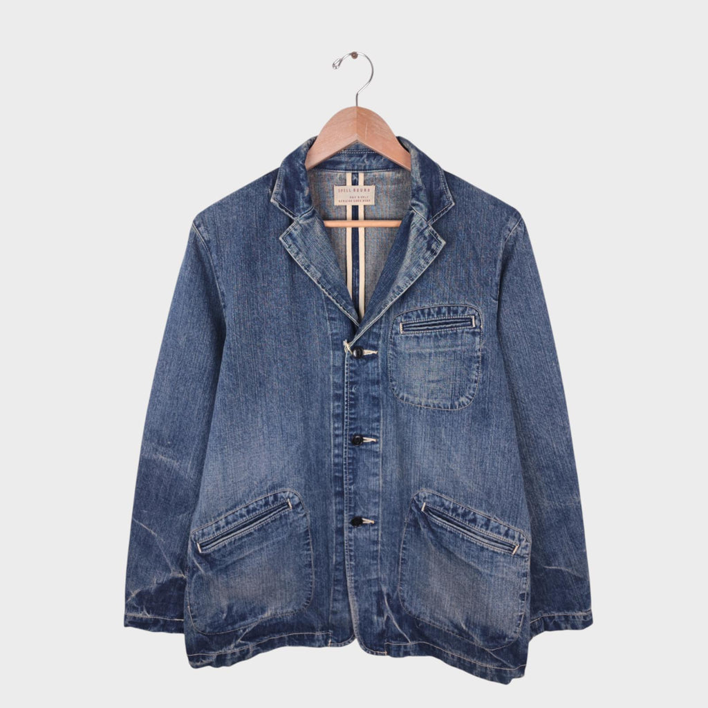 SPELLBOUND Men's Made in Japan Blue Distressed Denim Utility Chore Jacket