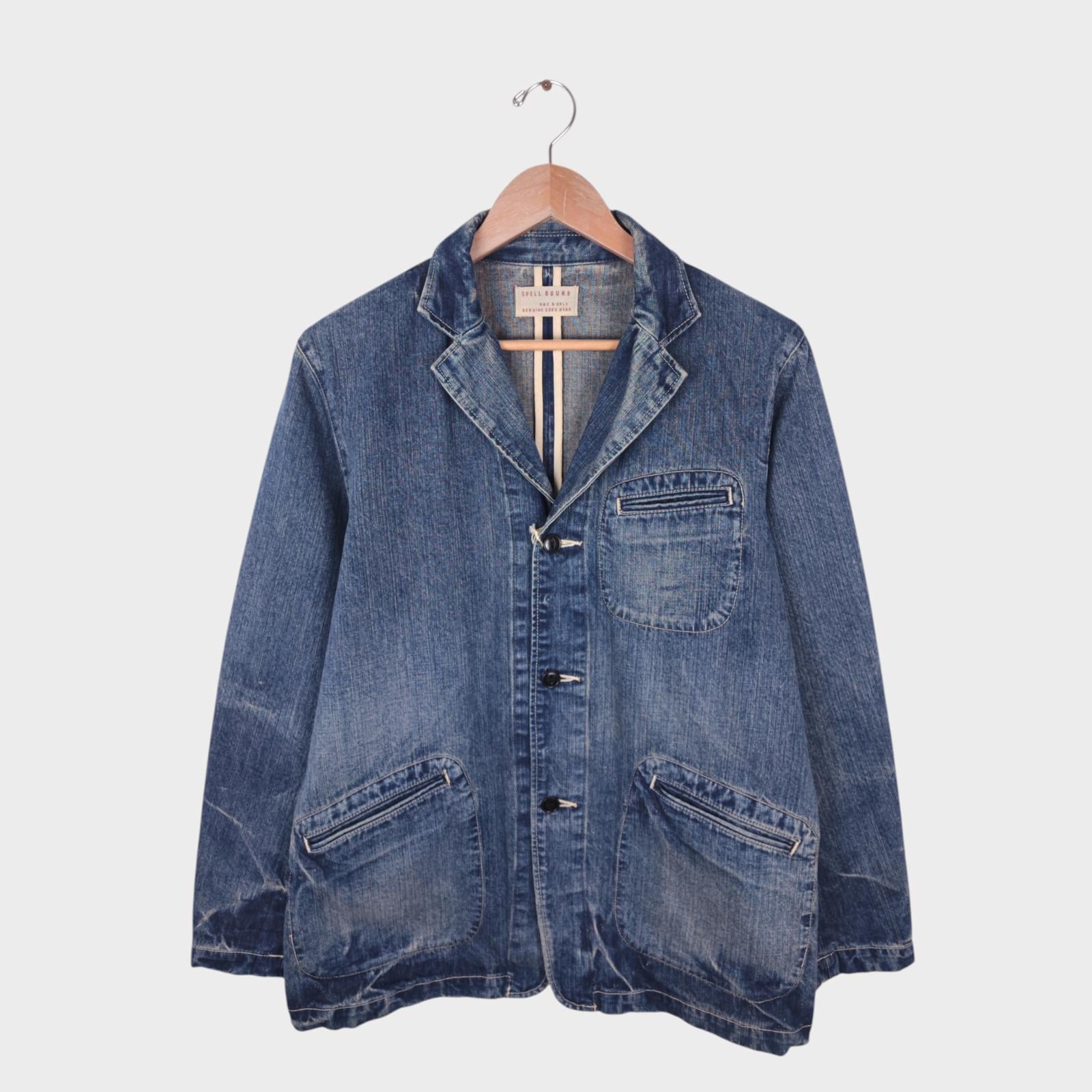 SPELLBOUND Men's Made in Japan Blue Distressed Denim Utility Chore Jacket
