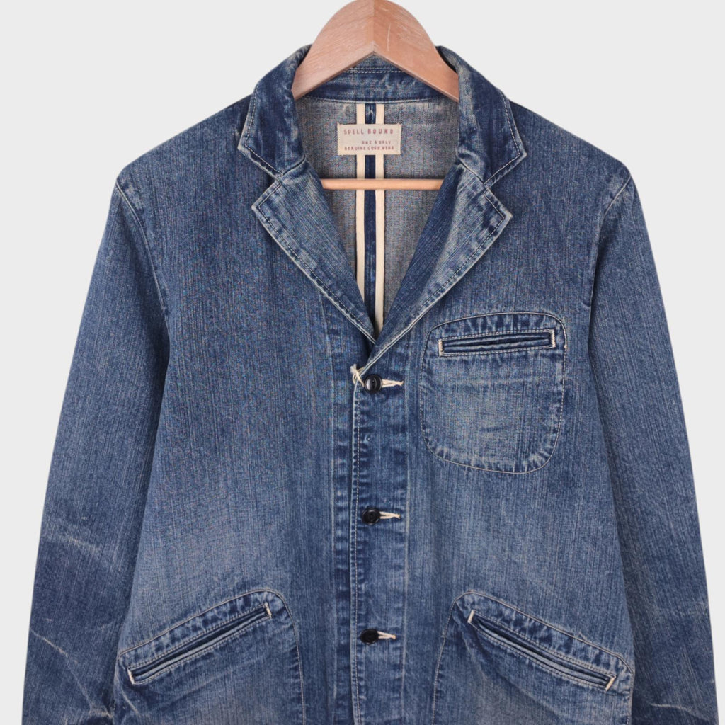 SPELLBOUND Men's Made in Japan Blue Distressed Denim Utility Chore Jacket
