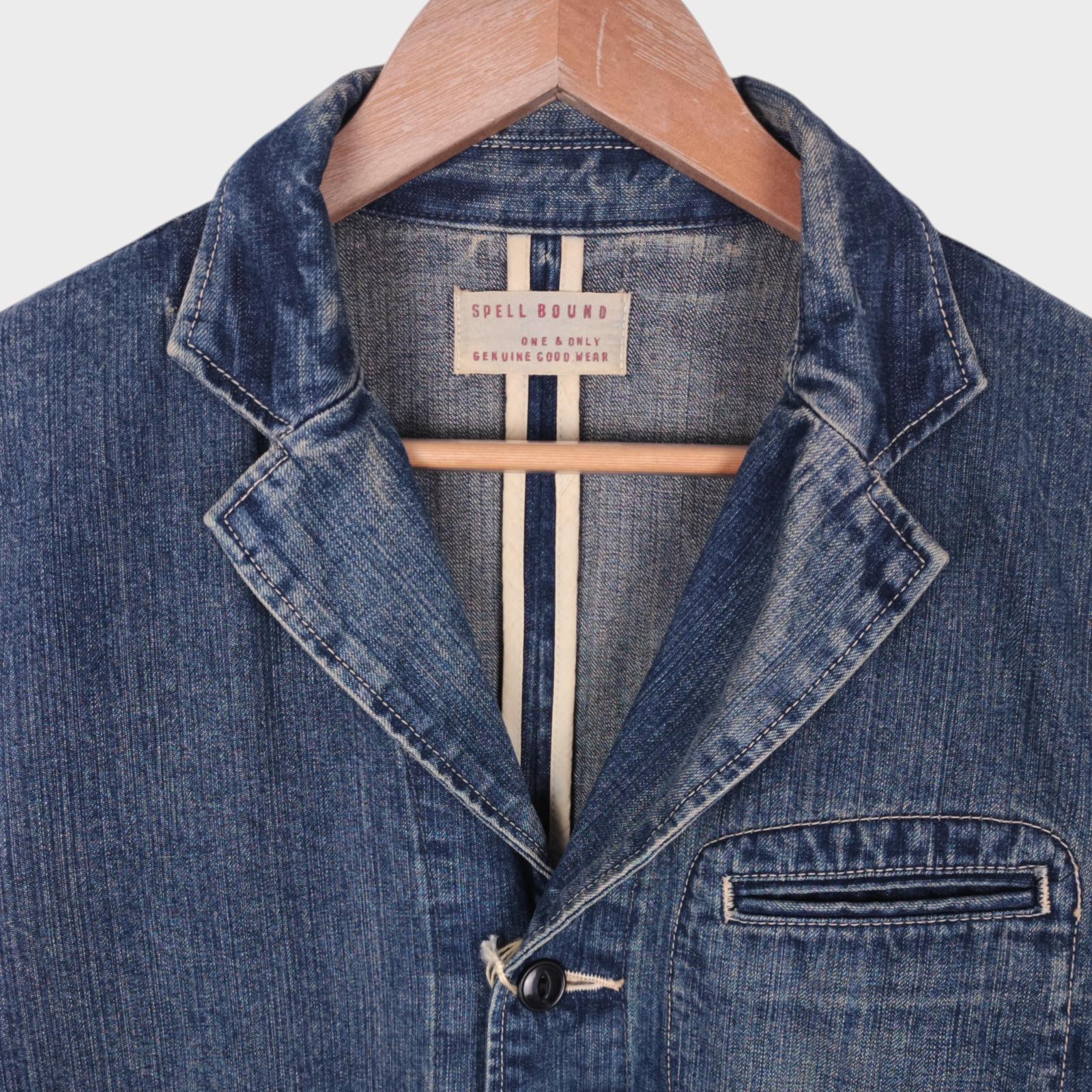 SPELLBOUND Men's Made in Japan Blue Distressed Denim Utility Chore Jacket